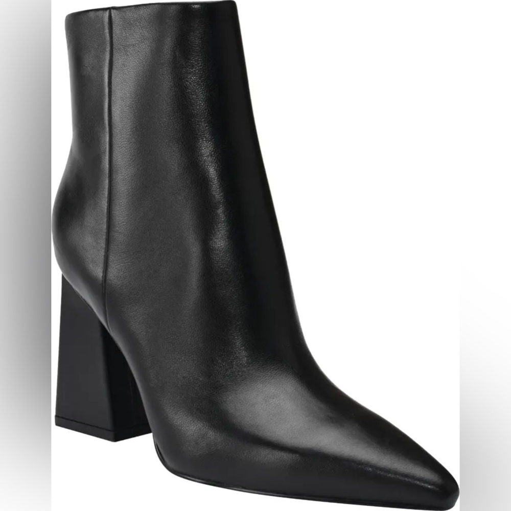 Marc Fisher Black Leather Pointed-Toe Block Heel Ankle Boots